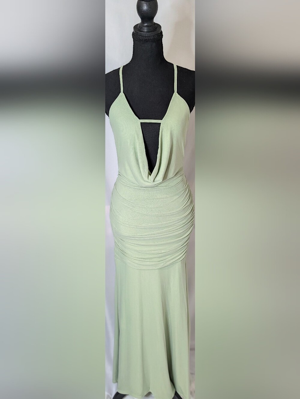 NWOT Sage Green Cowl Neck Ruched Open Back Maxi Dress XS